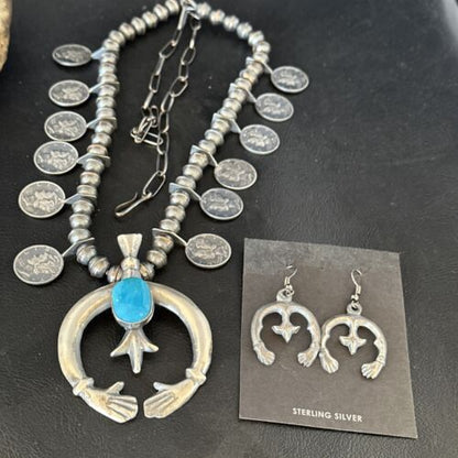 Navajo Kingman Turquoise Naja Pendant Necklace | Sterling Silver | Authentic Native American Handmade | 15158