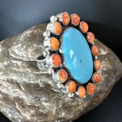 Navajo Women's Cluster Turquoise Spiny Oyster Ring | Authentic Native American Sterling Silver | Multi-Stone | Sz 12 | 16026 - Masha USA