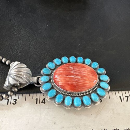 Navajo Kingman Turquoise & Red Spiny Oyster Pendant | Sterling Silver | Authentic Native American Handmade | 15449