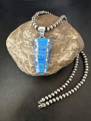 Navajo Blue Opal Inlay Pendant | Sterling Silver Necklace with Pearls | Authentic Native American Handmade | 16905