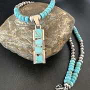 Men's & Women's Turquoise #8 Inlay Pendant Necklace | Navajo Sterling Silver | Authentic Native American Handmade | 17056