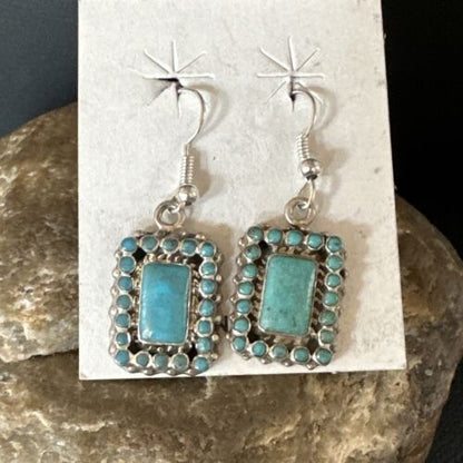 Navajo Blue Turquoise Dangle Earrings | Sterling Silver | Authentic Native American Handmade | 15439