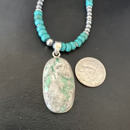 Navajo Teal Blue Turquoise Pendant Necklace | Sterling Silver | Authentic Native American Handmade | 16339