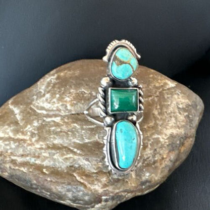Navajo Blue Turquoise Malachite Cluster Ring | Authentic Native American Sterling Silver | Multi-Stone | Sz 10 | 17643