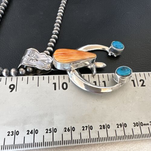 Navajo Blue Turquoise Orange Spiny Oyster Naja Pendant | Sterling Silver | Authentic Native American Handmade | 16411