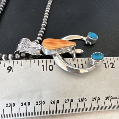 Navajo Blue Turquoise Orange Spiny Oyster Naja Pendant | Sterling Silver | Authentic Native American Handmade | 16411