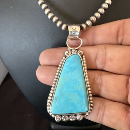 Navajo Pearls Kingman Turquoise Pendant Necklace | Sterling Silver | Authentic Native American Handmade | 17132