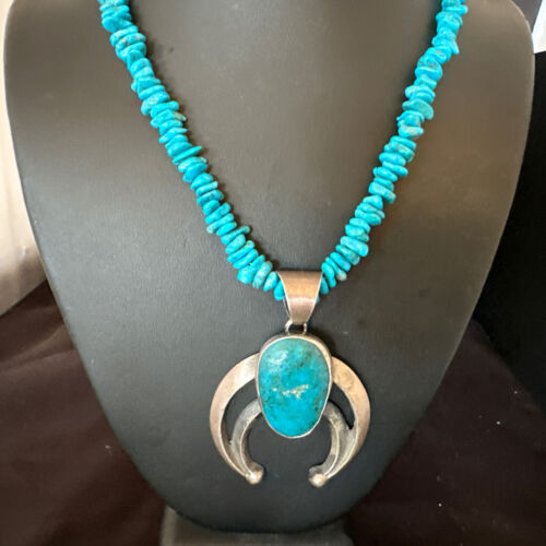 Navajo Blue Kingman Turquoise Naja Pendant Necklace | Sterling Silver | 26" | Authentic Native American Handmade | 16065