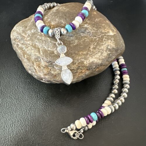 Navajo White Mother of Pearl, Turquoise, Sugilite Pendant Necklace | Sterling Silver | 16851