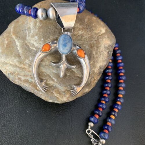 Navajo Blue Lapis Spiny Oyster Naja Pendant Necklace | Sterling Silver | Authentic Native American Handmade | 13708