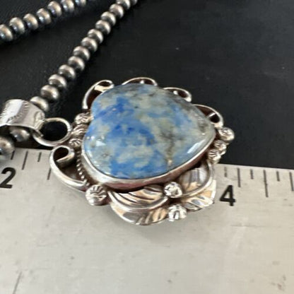 Men's Blue Heart Denim Lapis Pendant | Navajo Pearls Sterling Silver Necklace 21" | 15523