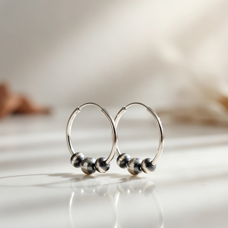 Hoop Beads Earrings | Sterling Silver | Authentic Native American Handmade | 3108