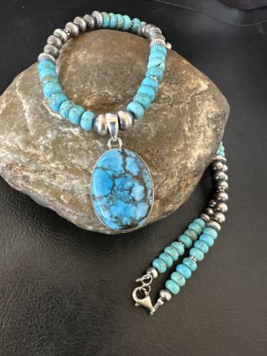 Navajo Blue Spiderweb Turquoise Pendant Necklace | Sterling Silver | Authentic Native American Handmade | 16649
