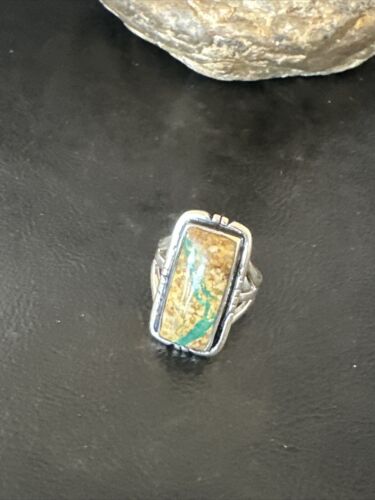 Navajo Ribbon Boulder Green Turquoise Ring | Sterling Silver | Sz 8 | Authentic Native American Handmade | 16385