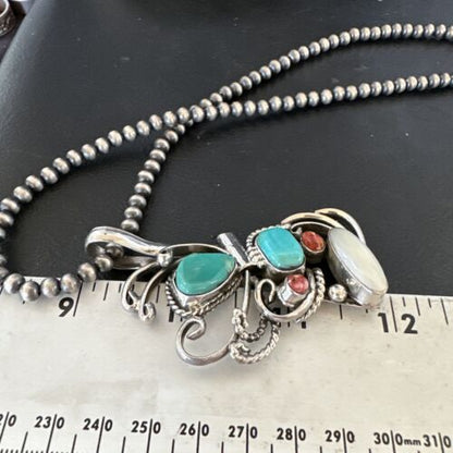 Navajo Kingman Turquoise Spiny Oyster | Mother of Pearl Necklace Pendant | Sterling Silver | 15952