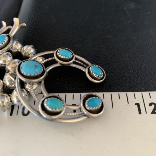Navajo Kingman Turquoise Shadowbox Squash Blossom Necklace | Sterling Silver | Native American Handmade | 13677