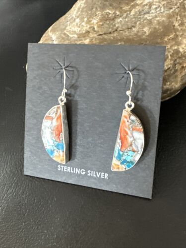 Navajo Blue Turquoise & Orange Spiny Oyster Inlay Dangle Earrings | Sterling Silver | 15584