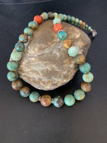 Navajo Green Turquoise & Apple Coral Graduated Necklace | Sterling Silver | Authentic Native American | 18" | 13204