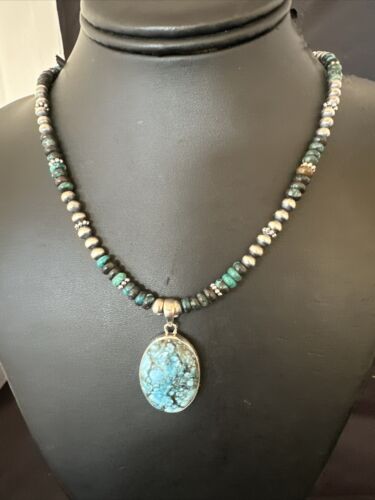 Men's Spiderweb Turquoise Pendant | Navajo Pearls Sterling Silver Necklace | Authentic Native American Handmade | 17301