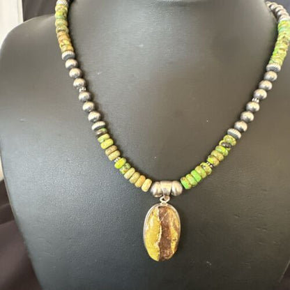 Navajo Green Turquoise Pendant Necklace | Sterling Silver | Authentic Native American Handmade | 16920