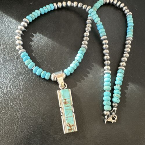 Men's and Women's Turquoise #8 Inlay Pendant Necklace | Navajo Sterling Silver | Authentic Native American Handmade | 17058