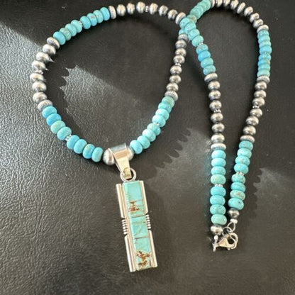 Men's and Women's Turquoise #8 Inlay Pendant Necklace | Navajo Sterling Silver | Authentic Native American Handmade | 17058