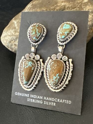 Navajo Blue Turquoise #8 Dangle Earrings | Sterling Silver | Authentic Native American Handmade | 17494
