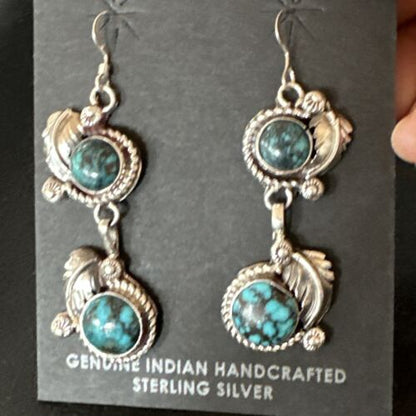Navajo Blue Spiderweb Turquoise Dangle Earrings | Sterling Silver | Authentic Native American Handmade | 16011