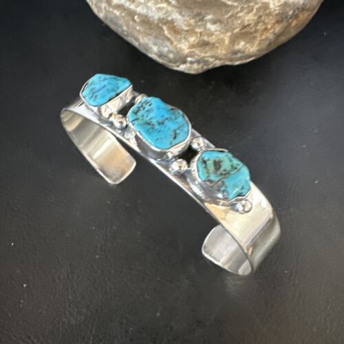 Navajo Blue Kingman Turquoise 3 Stone Cuff Bracelet | Sterling Silver | Authentic Native American Handmade | 15044