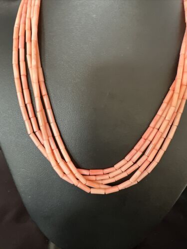 Navajo Pink Coral Tube Heishi Bead Necklace | 5-Strand Sterling Silver | 18" | Authentic Native American Handmade | 15278