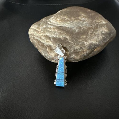 Navajo Blue Opal Inlay Pendant Necklace | Sterling Silver | Authentic Native American Handmade | 15672