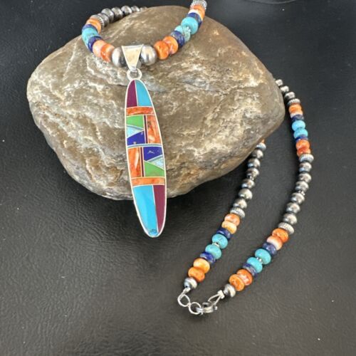 Navajo Spiny Oyster Turquoise Inlay Pendant Necklace | Sterling Silver | 21" | Authentic Native American Handmade | 16925