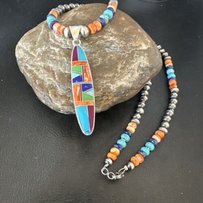 Navajo Spiny Oyster Turquoise Inlay Pendant Necklace | Sterling Silver | 21" | Authentic Native American Handmade | 16925
