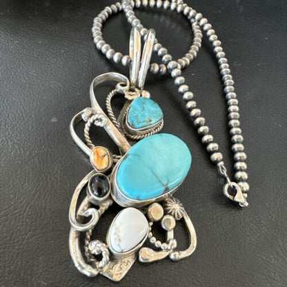 Navajo White Buffalo Kingman Turquoise Sterling Silver Pendant Necklace | 21" | Handmade 15949