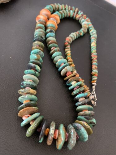 Navajo Sterling Silver Necklace | Green Turquoise & Spiny Oyster | Graduated | Authentic Native American | 32" | 02044