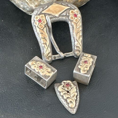 14k Gold Rubies Ranger Belt Buckle | Sterling Silver | Navajo Handmade | 16968