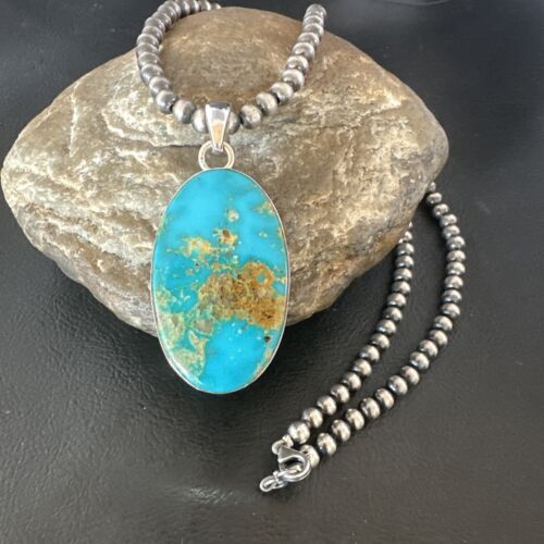 Blue Kingman Turquoise Pendant | Navajo Pearls | Sterling Silver Necklace 20" | 16688
