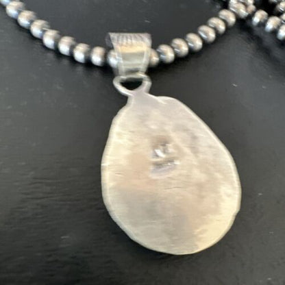 Navajo Blue Kingman Turquoise Pendant Necklace | Sterling Silver Pearls | Authentic Native American Handmade | 16024