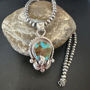 Navajo Blue Turquoise Pendant Necklace | Sterling Silver Pearls | Authentic Native American Handmade | 15655