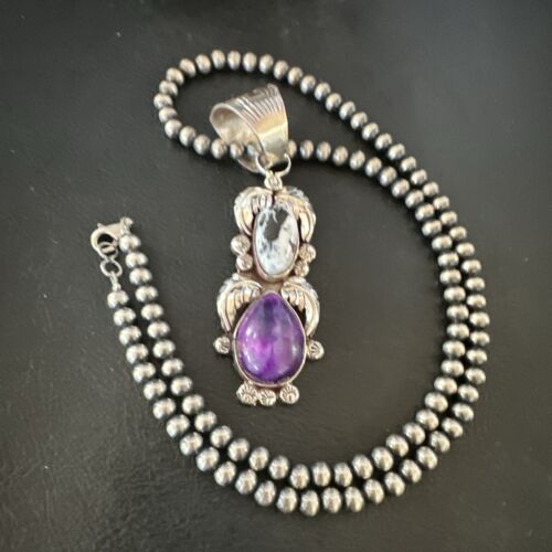 White Buffalo Turquoise & Sugilite Pendant | Navajo Pearls | Sterling Silver | Native American Handmade | 16870
