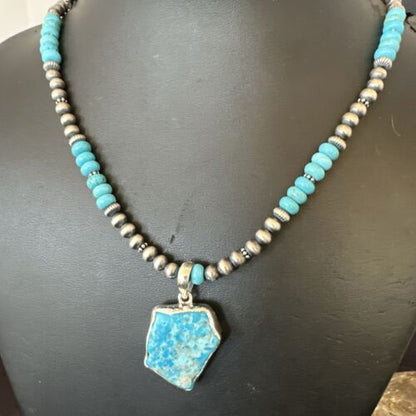 Men's Kingman Turquoise Pendant | Navajo Pearls Sterling Silver Necklace | Authentic Native American Handmade | 17212