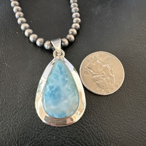 Navajo Blue Larimar Pendant Necklace | Sterling Silver Beads | Authentic Native American Handmade | 16962