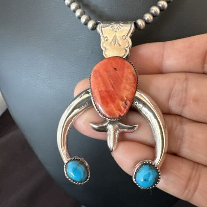 Navajo Blue Turquoise Red Spiny Oyster Naja Pendant | Sterling Silver | Authentic Native American Handmade | 16405