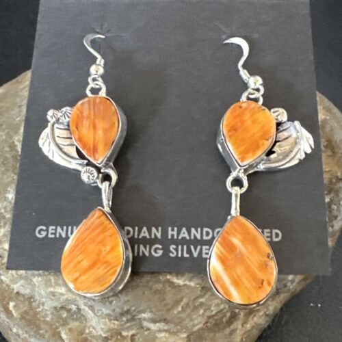 Navajo Orange Spiny Oyster Dangle Earrings | Sterling Silver | 1.5" | Authentic Native American Handmade | 16567