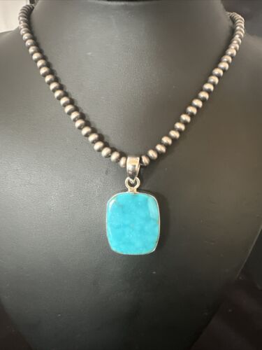 Blue Kingman Turquoise Pendant | Navajo Pearls | Sterling Silver Necklace 20" | 16697