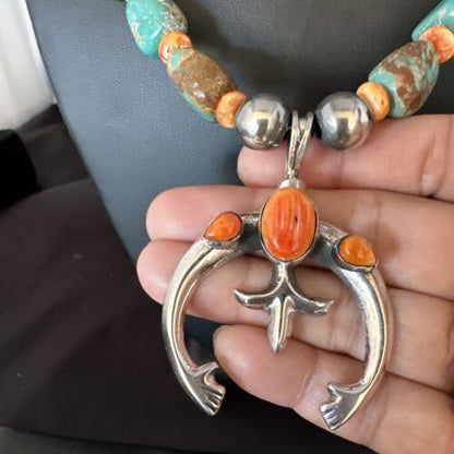 Men's Green Turquoise Spiny Oyster Naja Pendant Necklace | Navajo Sterling Silver | 22" | Authentic Native American Handmade | 15225