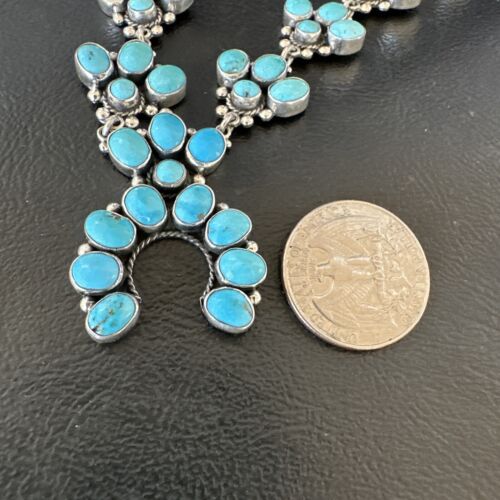 Rare Sleeping Beauty Kingman Turquoise Squash Blossom Necklace | Sterling Silver | 16269