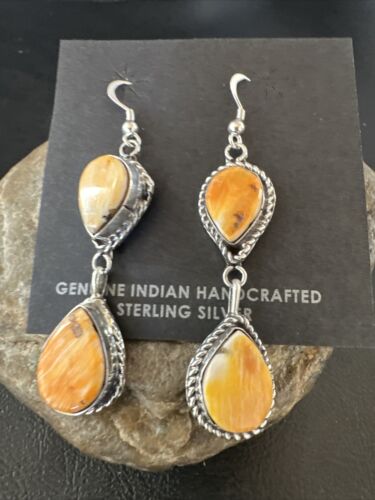 Navajo Orange Spiny Oyster Dangle Earrings | Sterling Silver | 1.5" | Authentic Native American Handmade | 16575
