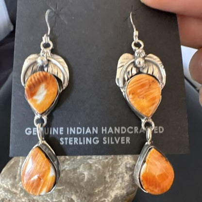 Navajo Orange Spiny Oyster Dangle Earrings | Sterling Silver | 1.5" | Authentic Native American Handmade | 16565