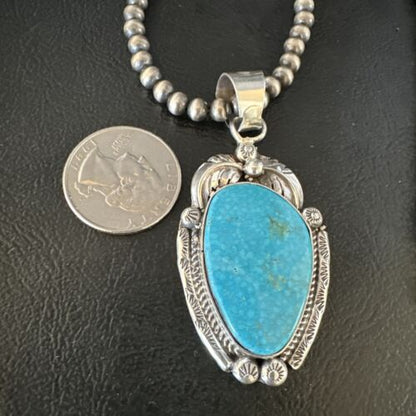 Navajo Kingman Turquoise Pendant Necklace | Sterling Silver Pearls | Authentic Native American Handmade | 15210